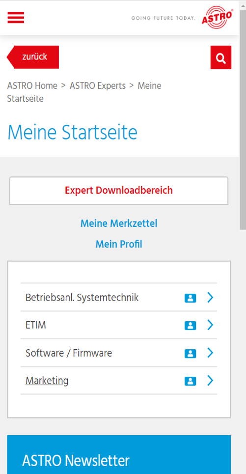 Smartphone Ansicht Marketing im ASTRO Expert Bereich