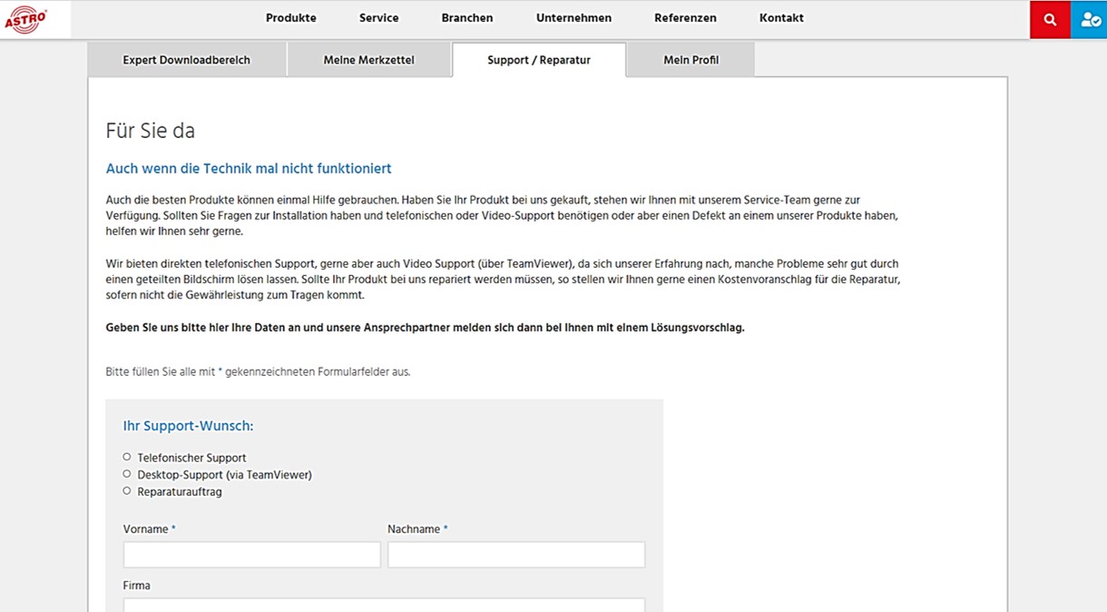 Support und Reparatur auf der ASTRO Website