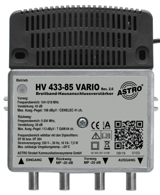 Produktabbildung HV 433-85 Vario, DOCSIS 3.1 Hausanschlussverstärker