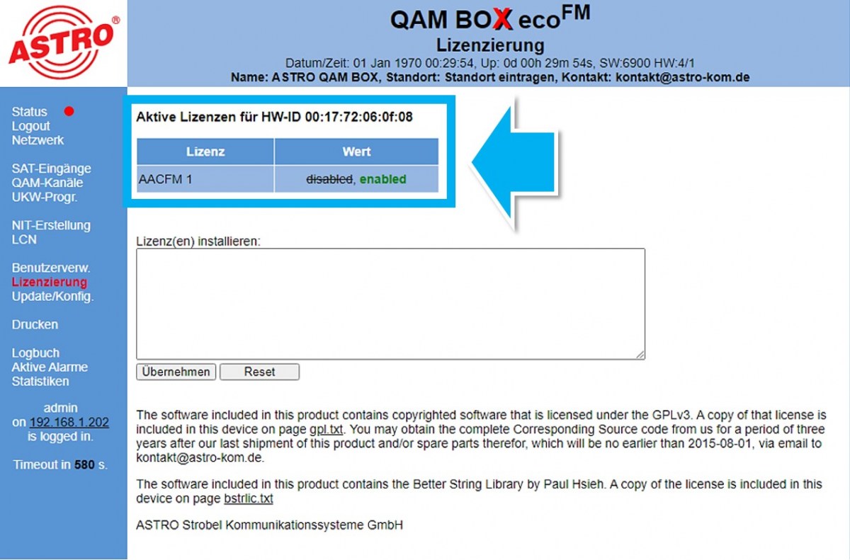 Lizenzfeld QAM BOX für Auswahl aktiver Lizenzen